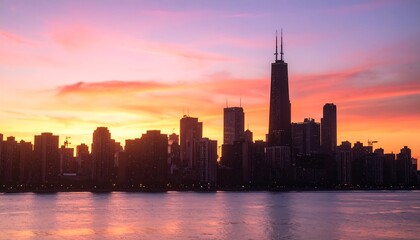 Obraz premium City skyline at sunset over water (2)