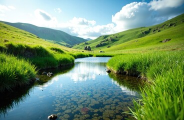 A peaceful river flows through lush green hills under a bright blue sky with scattered clouds
