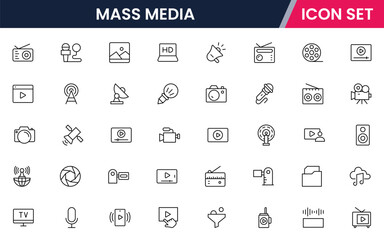 Mass media vector line icons featuring newspapers, microphones, cameras, TV screens, broadcasting, social media, journalism, communication, and news distribution symbols.