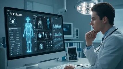 Doctor interacting with AI assistant on a large screen in a modern medical facility, analyzing data - Powered by Adobe