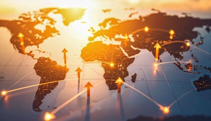 Global digital network visualization showing interconnected points and upward arrows over a world map during sunset.
