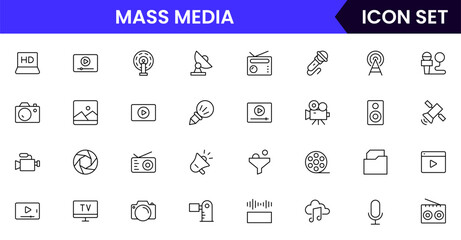 Mass media vector line icons featuring newspapers, microphones, cameras, TV screens, broadcasting, social media, journalism, communication, and news distribution symbols.