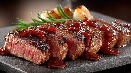 Thick-Cut Pink Steak with Wine Sauce and Herbs on Dark Slate in Minimal Modern Culinary Scene