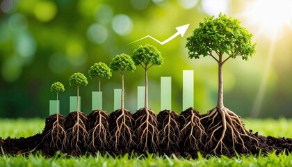 Small trees grow progressively taller on increasing soil bars with visible roots, symbolizing growth and progress under bright sunlight.