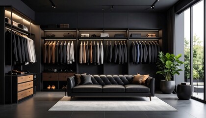 Modern, luxurious walk-in closet with seating area