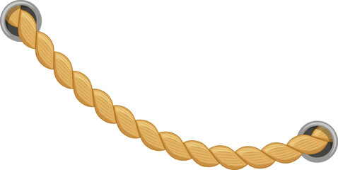Thick, twisted hemp rope hanging and curving downwards, secured between two metal rings on a white background, creating a nautical or maritime theme