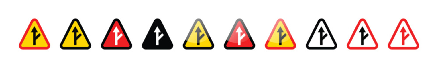 A row of nine triangular road signs indicating a merging traffic situation