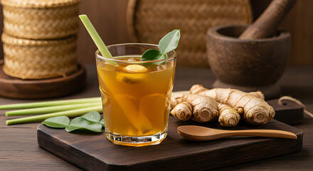 Refreshing Herbal Drink with Ginger Lemongrass and Lime Leaves on a Dark Wood Board with Rustic Kitchen Elements