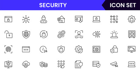 Security vector line icons featuring locks, shields, keys, cameras, alarms, passwords, guards, access control, protection, and surveillance technology symbols.