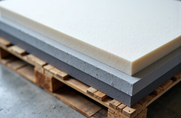 Stacked foam boards in different colors placed on a wooden pallet for storage or display