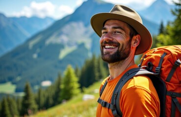 Smiling man hiking outdoors in mountain landscape with lush greenery and blue sky