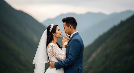 Elegant Bride and Groom Standing Close in Mountain Landscape During Wedding Ceremony