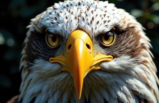Close-up of an eagle's face highlighting its sharp beak and piercing eyes