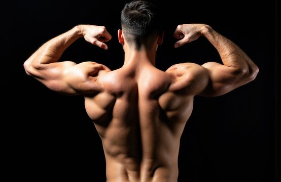 Man flexing muscles showing back and arm strength in a dark studio setting