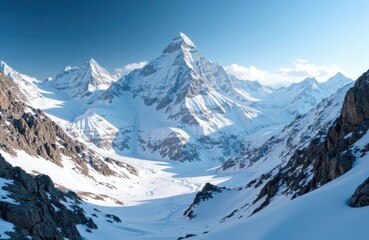 Fototapeta premium Majestic snow-covered mountain peak towering over rugged alpine landscape
