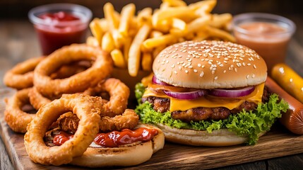 Fast food combo with burger hot dogs crispy chicken fries onion rings and garlic bread served on wooden table indoor casual diner