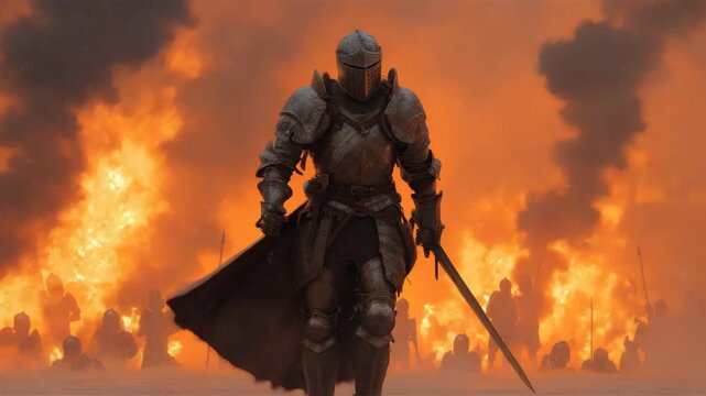 Armored knight with sword walking forward on battlefield, cinematic style, fiery background, concept of war and bravery