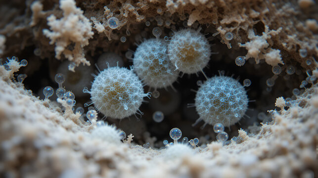 Host cells with spores (mold) are inside wood under the microscope for education.