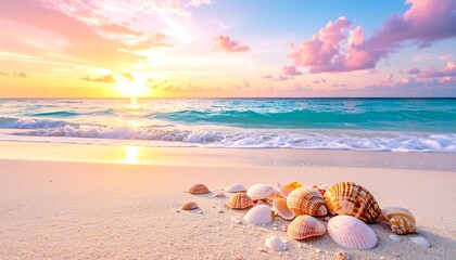 Obraz premium Coastal sunrise serenity with seashells adorning the pristine sandy beach vista