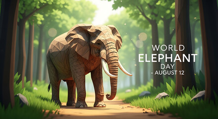 A majestic elephant with large tusks stands on a path in a sunlit forest for World Elephant Day on August 12.
