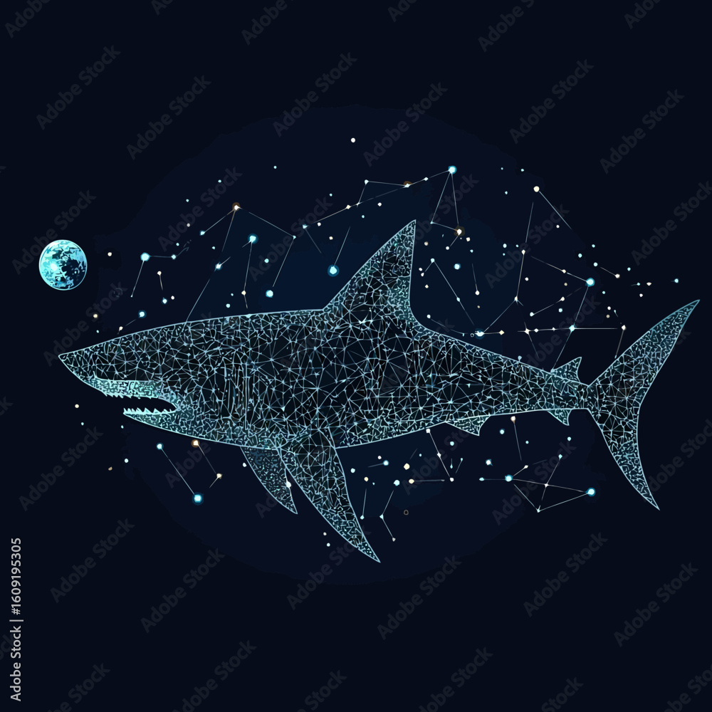 Wall mural abstract polygonal wireframe shark composed of glowing connected nodes and lines with celestial star