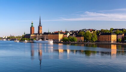Obraz premium Stockholm cityscape reflected in calm waters. Panoramic view of historic buildings, churches, and a river. Calm, sunny day. Early morning or late afternoon light. Reflections are clear