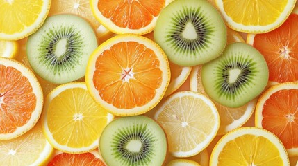 Obraz premium Colorful Fresh Fruit Slices Combination, for Healthy Diet Promotion, Light Food Aesthetics Design, Nutrition Popularization Material