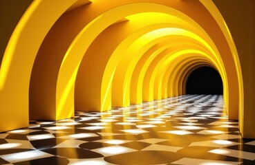 Obraz premium Bright yellow tunnel with curved arches and checkered floor creating a sense of depth and movement