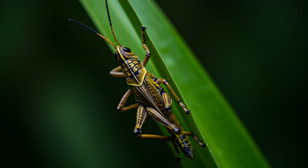 Striking Orange and Black Striped Grasshopper on Vibrant Green Leaf in Close Up Natural Light Macro Shot
