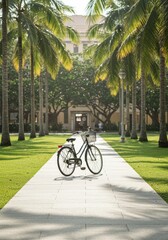 Fototapeta premium Vintage bicycle rests on a sunlit pathway lined with palm trees.