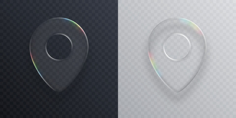 Two modern location icons, liquid glass GPS symbols, smooth and transparent, on light and dark background. Vector 3d illustration.