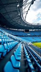 Obraz premium Wide-angle view of light blue stadium seats 