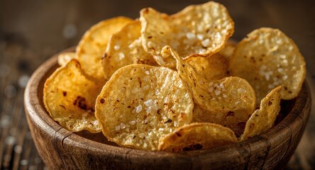 A close up shot of crispy potato chips seasoned with salt in a rustic wooden bowl on a wooden surface