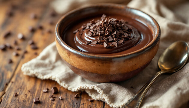 Rustic close-up of supangle dessert with chocolate shavings in ceramic bowl.
