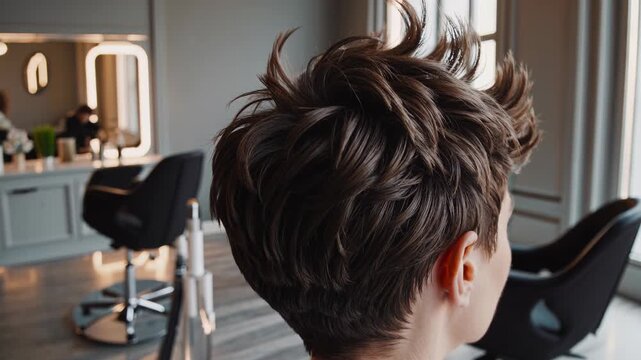 Professional hairdresser demonstrating modern pixie cut with wavy texture, revealing volume and style from multiple angles inside contemporary hair salon