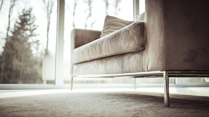 Minimalist living room with modern furniture and natural light, showcasing clean contemporary design.