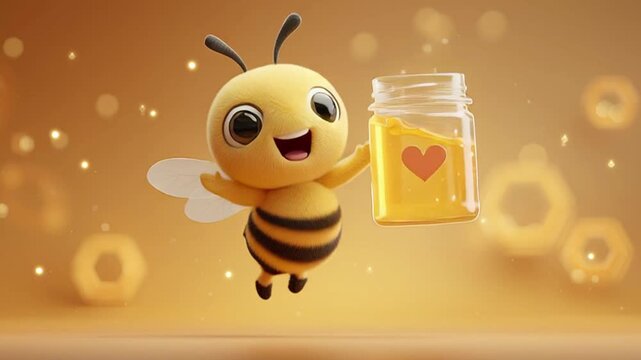 Happy 3D Cartoon Bee Character Jumping with Joy on Vibrant Orange Background