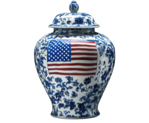 Stunning blue floral porcelain vase proudly displays American flag artistry, a patriotic statement piece.