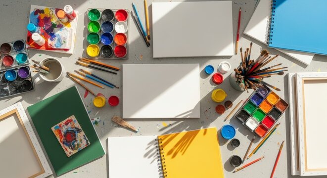 Artist workspace with watercolor paints, brushes, blank canvases and notebooks arranged on table. Bright creative studio setup with natural light perfect for painting and artistic expression.