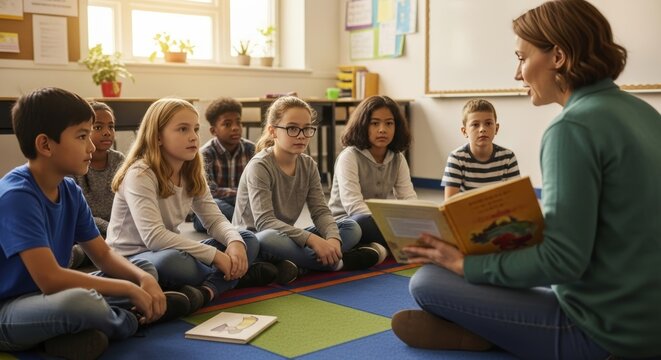 A female teacher sits on the floor, reading a book aloud to a diverse group of attentive elementary school children, creating an engaging and inclusive learning environment.