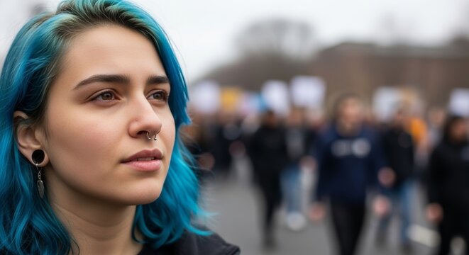 Portrait of stylish young woman with vibrant blue hair and nose piercing looking thoughtfully away. Blurred urban crowd background creates modern lifestyle concept for diversity and self-expression.