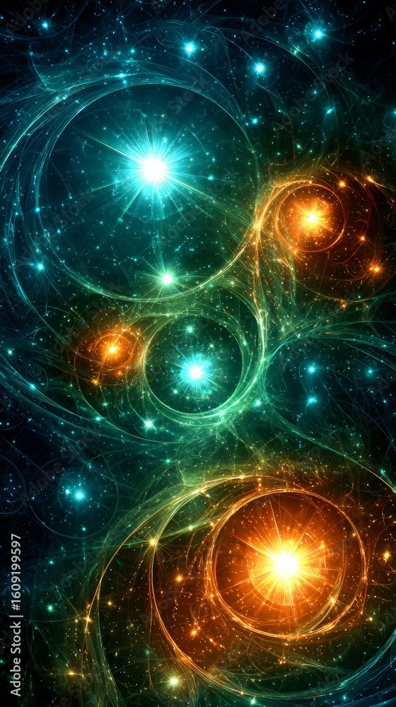Wall mural abstract colorful space with glowing stars and circular patterns