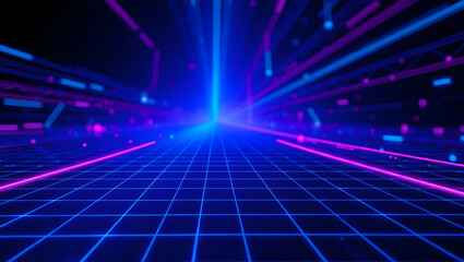 Digital cyberspace tunnel with glowing grid lines and light streams, a futuristic concept of virtual reality and high-speed data.
