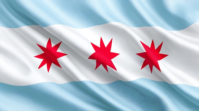 Flat vector illustration of Chicago city flag with light blue stripes and red stars on white background