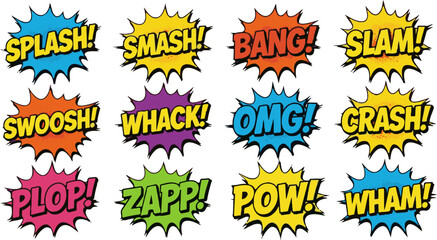 Obraz premium Comic speech bubbles with sound effect words SPLASH!, SMASH!, BANG!, SLAM!, SWOOSH!, WHACK!, OMG!, CRASH!, PLOP!, ZAPP!, POW!, WHAM!