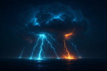 Electric storm clash over sea horizon with dual colored blue and orange lightning bolts illuminating turbulent clouds and reflective water