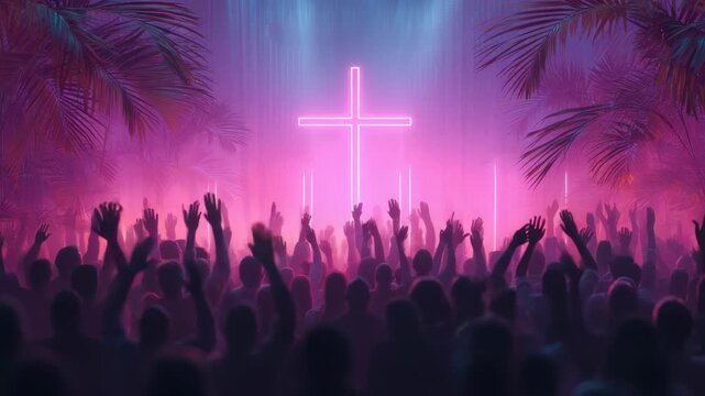 People raising hands in worship under neon cross, dreamy lighting, with palm trees in background. Concept of spiritual unity and devotion