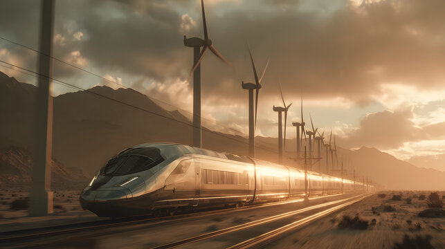 Silver bullet train travels through desert landscape with wind turbines at sunset high-speed train transportation