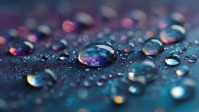 Macro shot of water droplets on a textured surface with vibrant colors and blurred bokeh lights in the background, concept of moisture and beauty