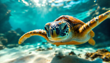 Obraz premium Close-up of sea turtle swimming underwater with sunlit turquoise water.